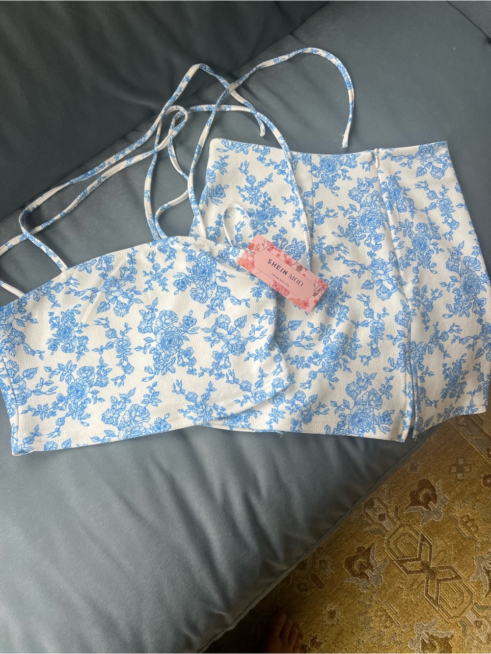 SHEIN White & Blue Floral Crop Top and Skirt Set
